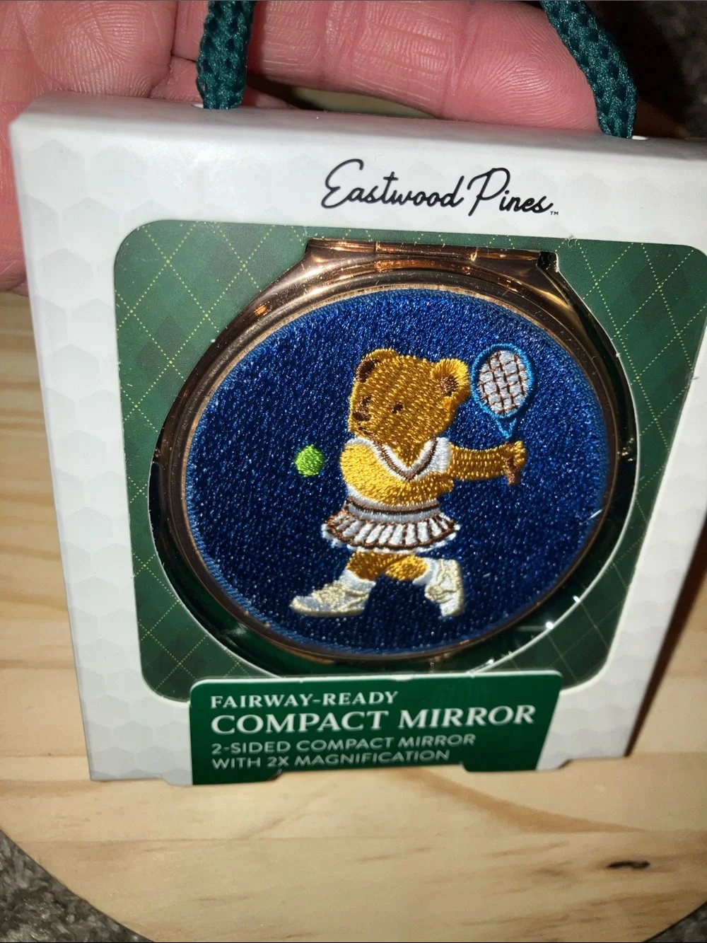 Fairway-Ready Compact Mirror - Blue Embroidered Tennis Bear New